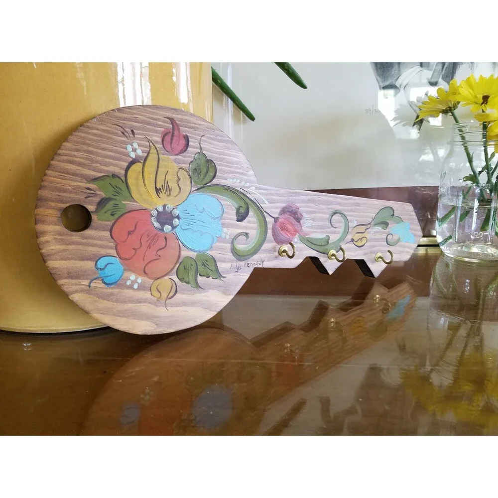 Vintage Handpainted Wooden Key Shaped Key Holder by Helga Kennedy